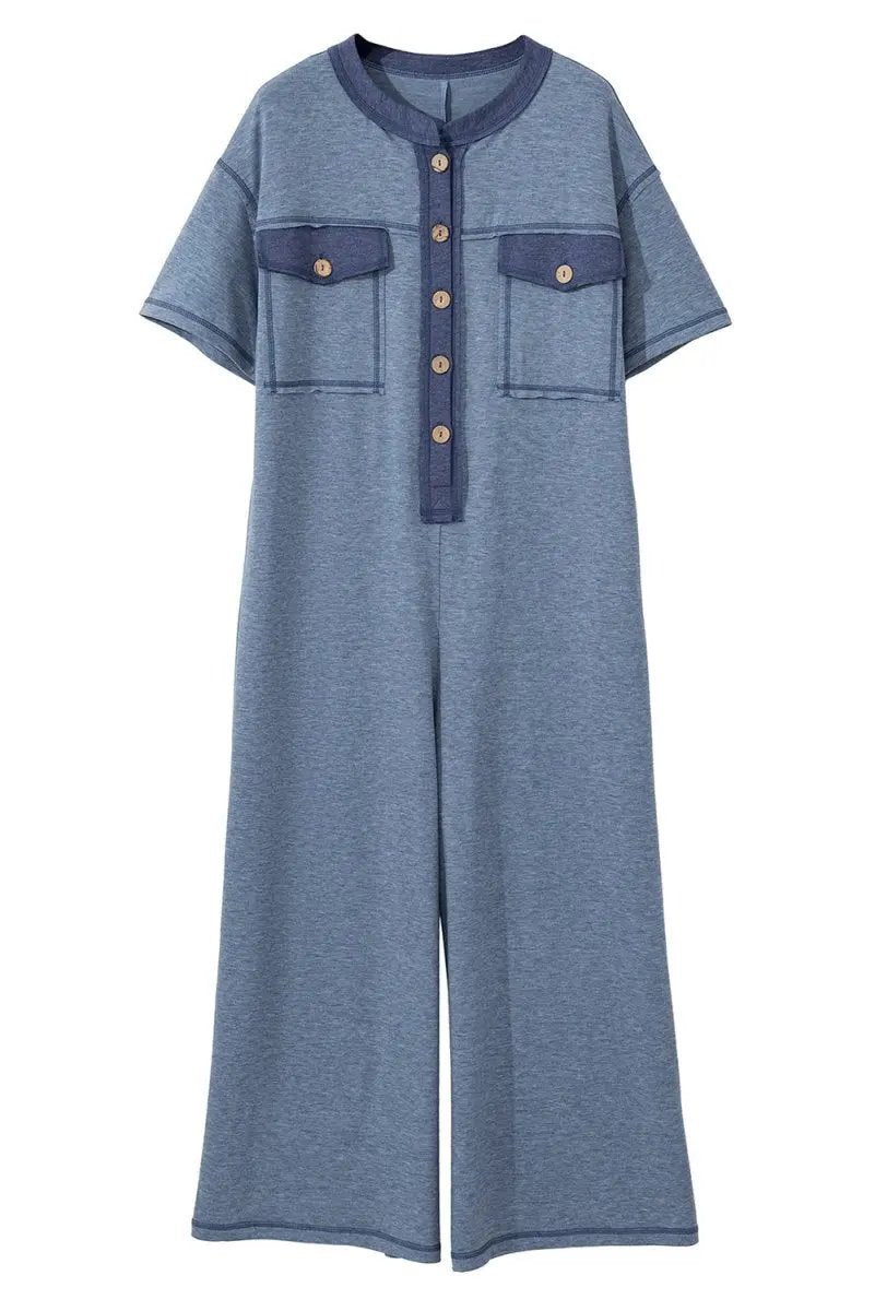 Beau Blue Half Placket Chest Pockets Short Sleeve Jumpsuit - Love Salve